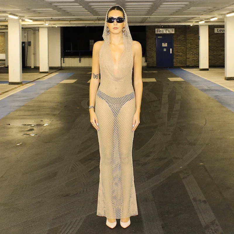 DSMTRC Women Summer Holiday Mesh Sheer Sleeveless Hooded Swinging Collar Dress Party Birthday Dress Midnight Big Backless Robes