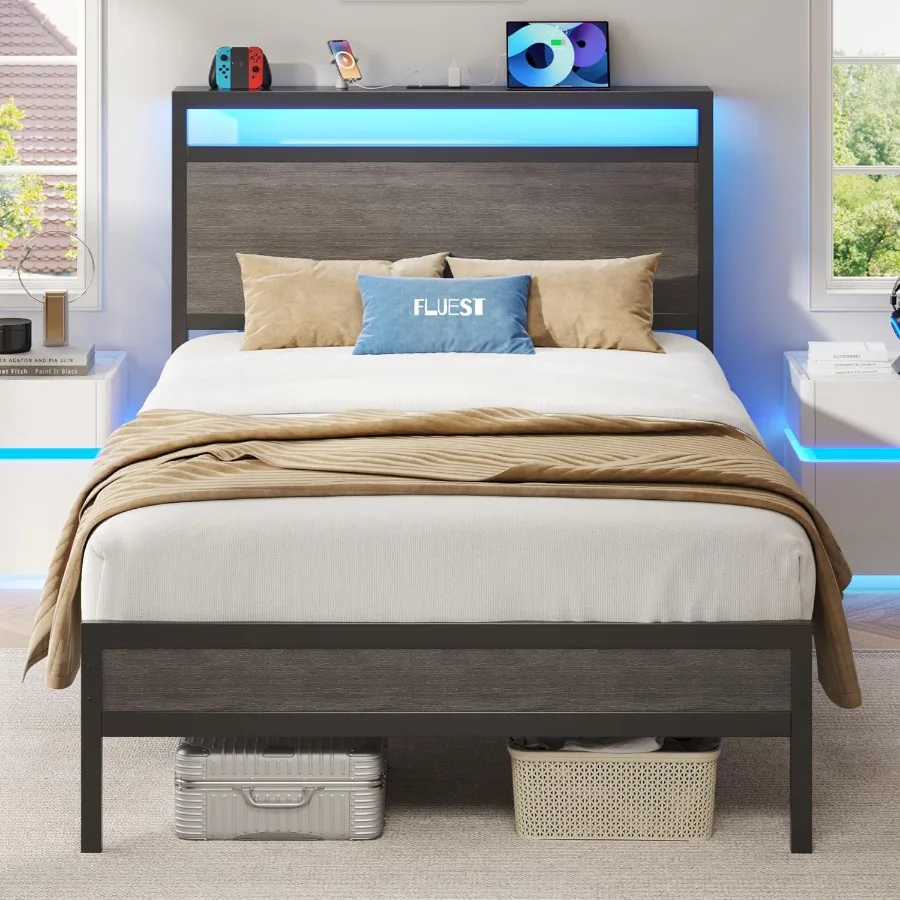 

Twin Bed Frame with Headboard Footboard Rustic Grey Charging Station LED Light Under-Bed Storage No Box Spring Needed Noise Fre