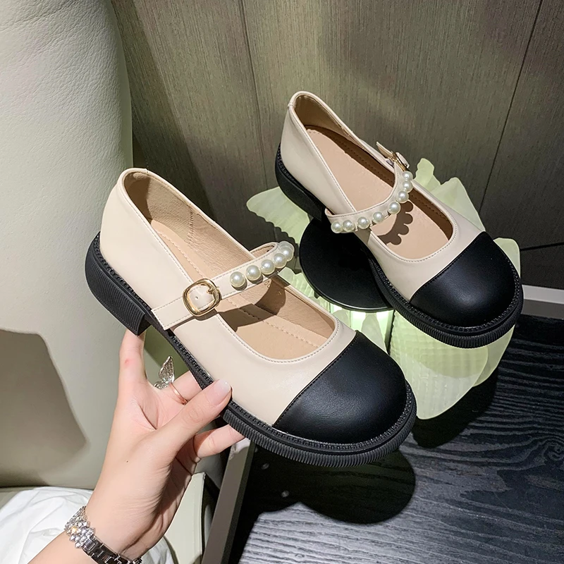 New Oxford Shoes for Women Lolita Shoes Woman Mary Janes Buckle Strap Square Mid Heels Round Toe String Bead Loafers Plus Size