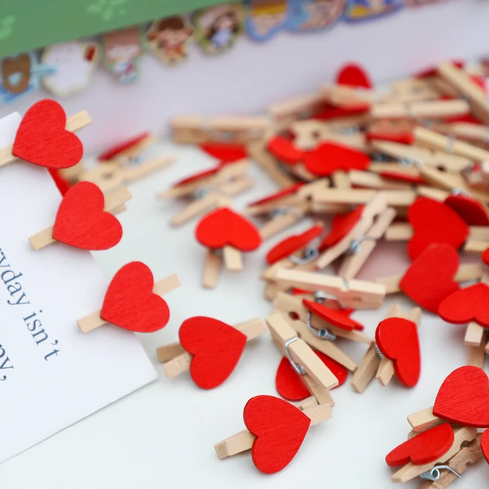 50Pcs Mini Wooden Clip Red Love Heart Shape Photo Paper Clips  DIY Crafts for Valentines Day Wedding Birthday Party Decoration