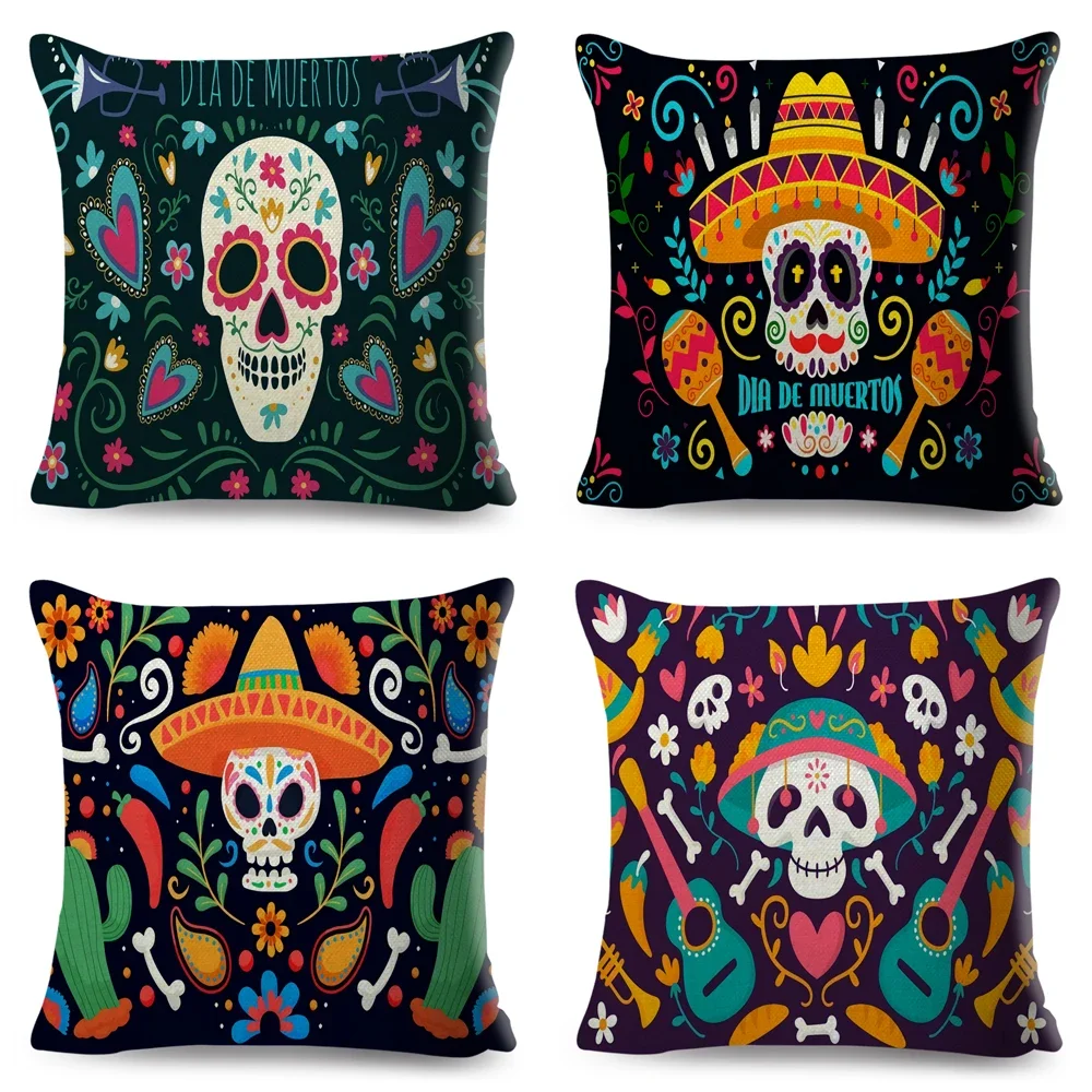 Day Of The Dead Pillowcase Decor Cartoon Mexico Flower Skull Print Cushion Cover for Sofa Home Polyester Pillow Case 45x45cm