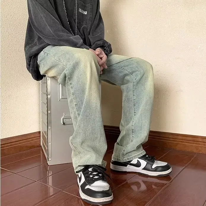 

American Sle Loose Straight Leg Men's Jeans Spring Autumn Large Size 300 Pou Waed Vintage Yellow Mud Dye Long Pants