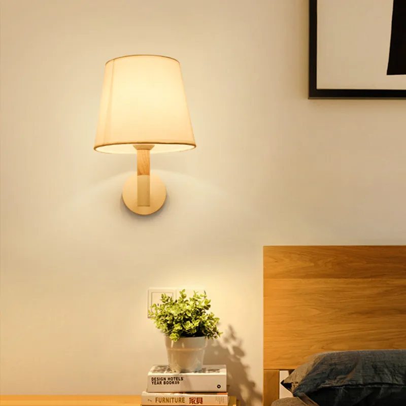 Nordic Wood Led Wall Lamp Fabric Lampshade Wall Lights for Bedroom Bedside Stair Hotel Corridor Lighting fixture Decor Sconce