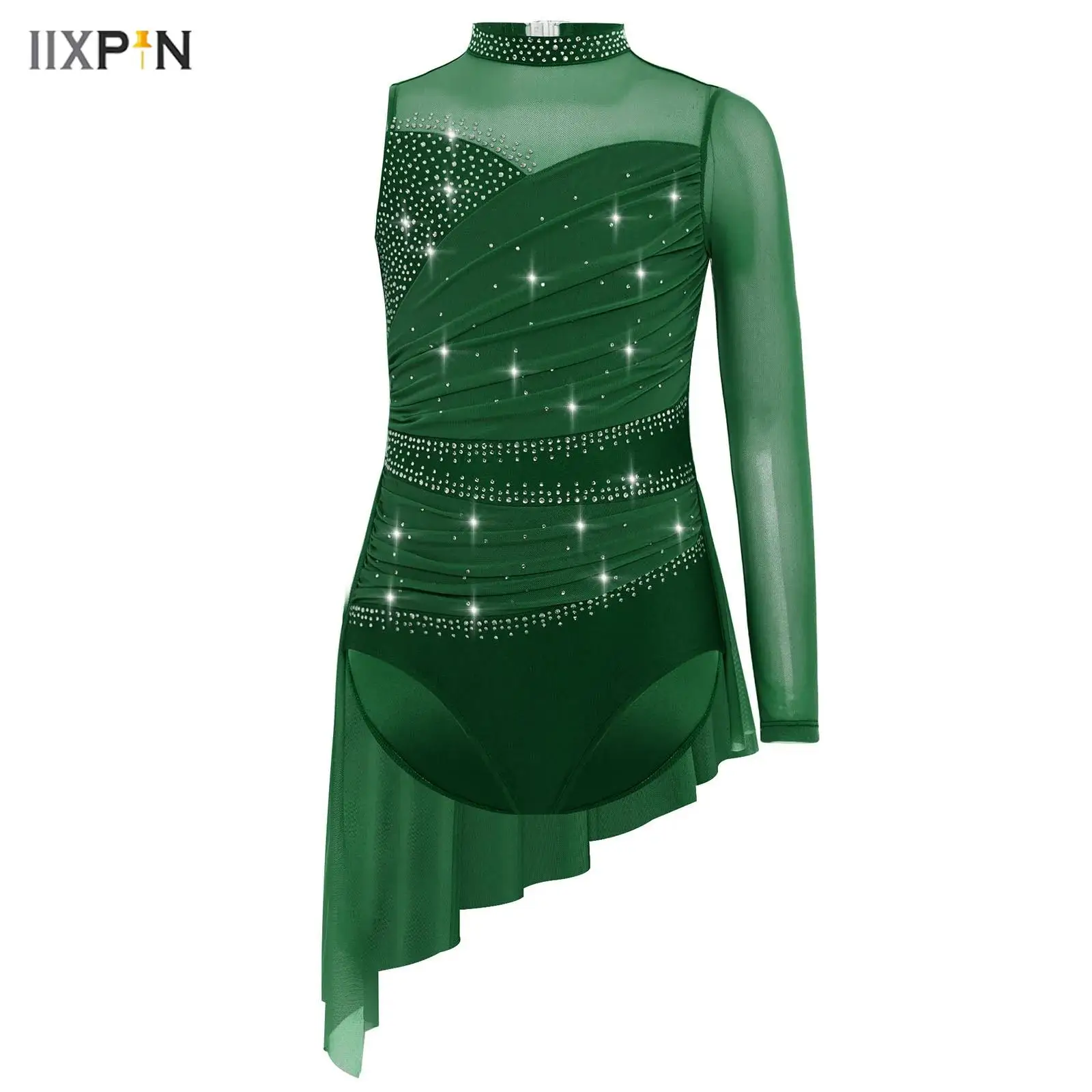 

Girls Lyrical Ballet Dance Dress Figure Skating Performance Costume Asymmetrical Shiny Rhinestones Ruched Mesh Skirted Leotard