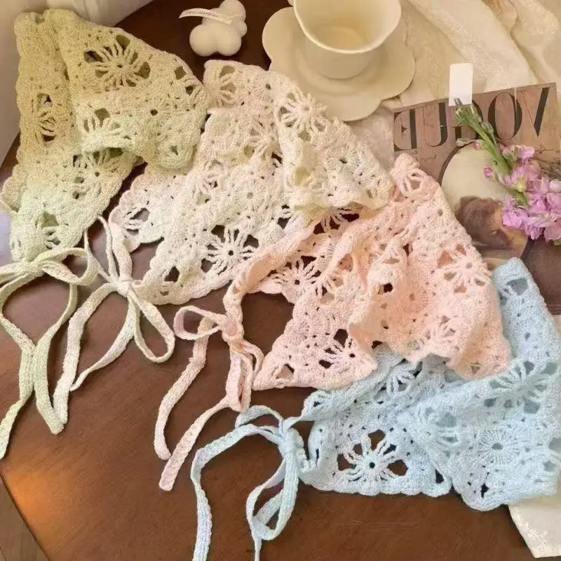 

Hat French Pastoral Style Triangle Headband Handmade Fashion Knitted Headscarf Crochet Headband Towel Retro Flower Headscarf