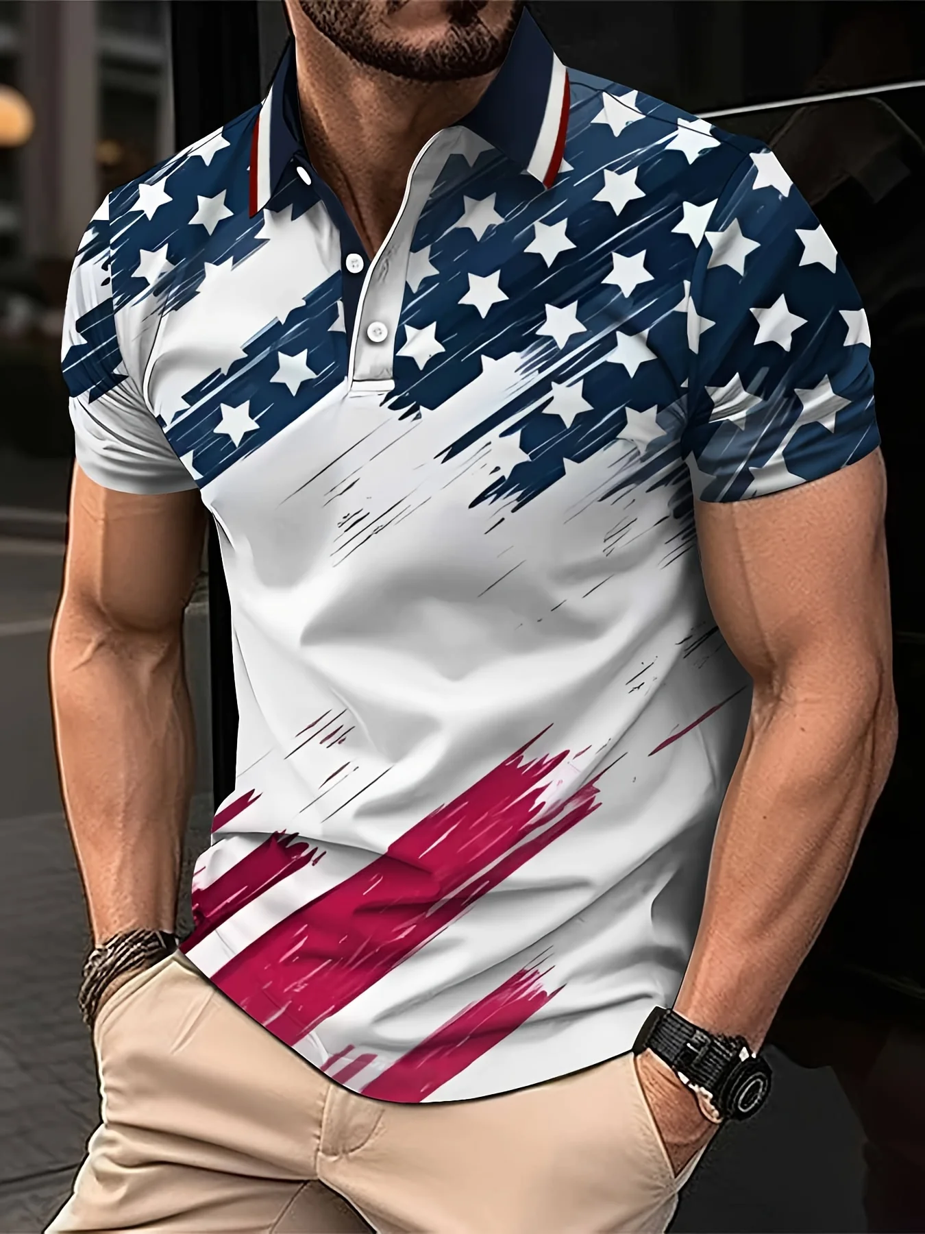 

Men's Patriotic American Flag Printed Shirt - Casual Fashion, Short Sleeve, Button Neck, Summer Golf and Sportswear