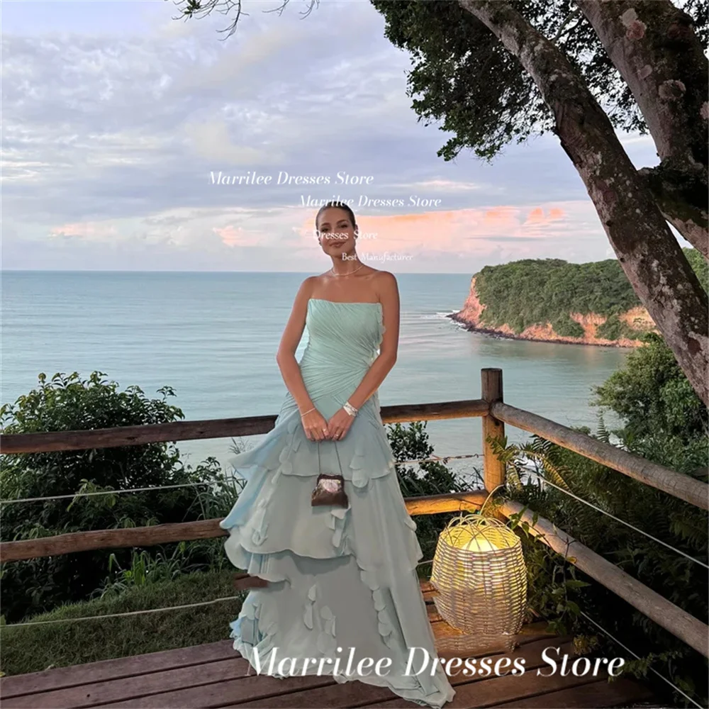 Marrilee Elegant Strapless Light Green A-Line Tiered Evening Dress Exquisite Pleated Floor Length Sleeveless Backless Prom Gowns