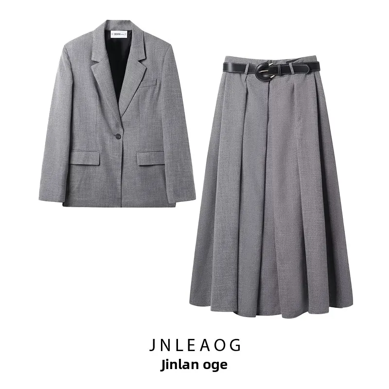 Oulder pad windowpane padrão terno jaet com cinto plissado midi saia feminina faion conjunto outono nova chegada fibra de poliéster