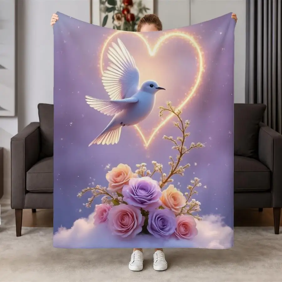 Dreamy Blue Dove Glowing‑heart Rose Cloud Print Flannel Throw Blanket Soft Warm Blanket For Bedroom Sofa Indoor Home Decor