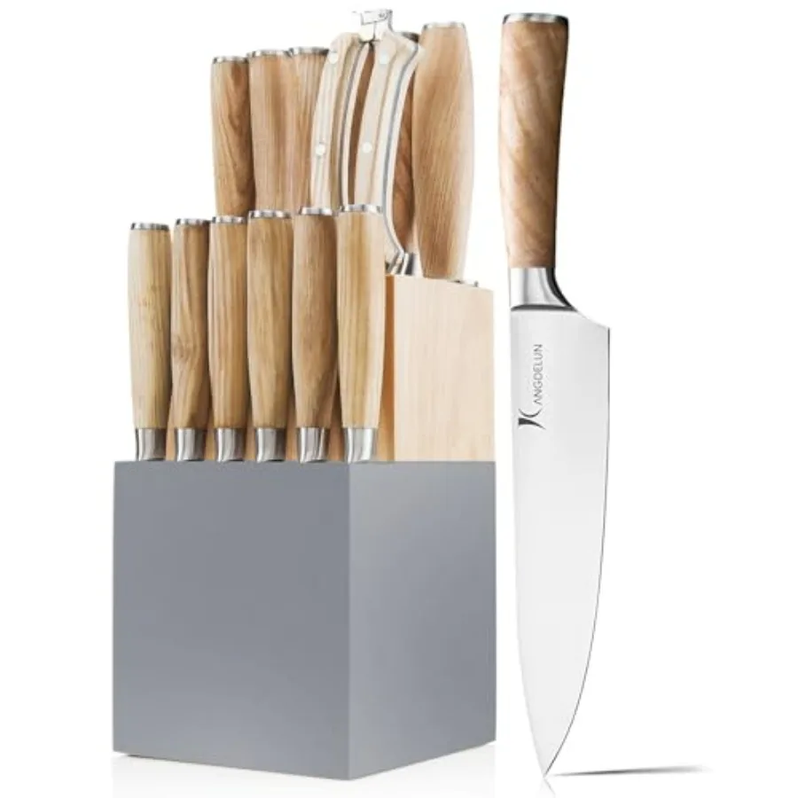 15-Piece Kitchen Knife Set with High Carbon Stainless Steel Blades Torrefied Natural Wood Handles Ergonomic Design Space-Saving