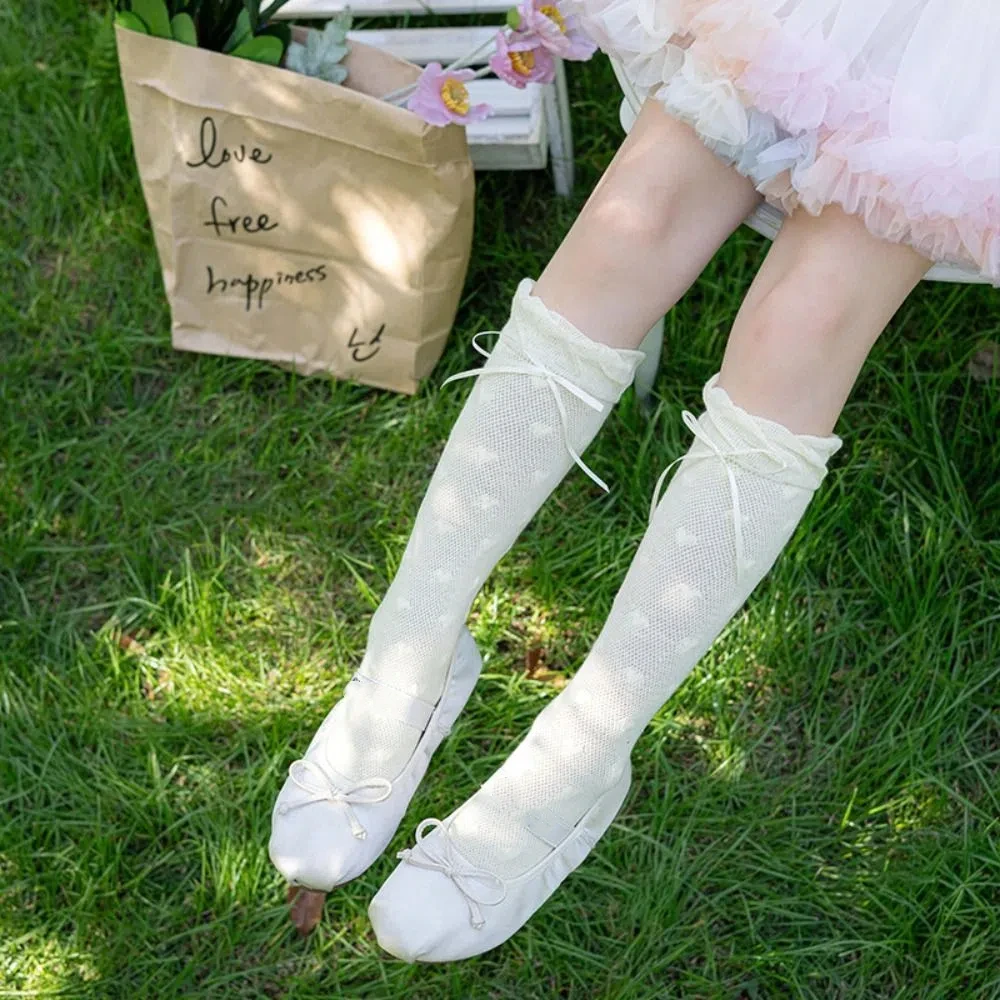 

Cute Sweet Children Mid-Tube Hosiery Ribbon Bow Thin Lolita Lace Stockings Princess Cotton Balletcore Socks Kids