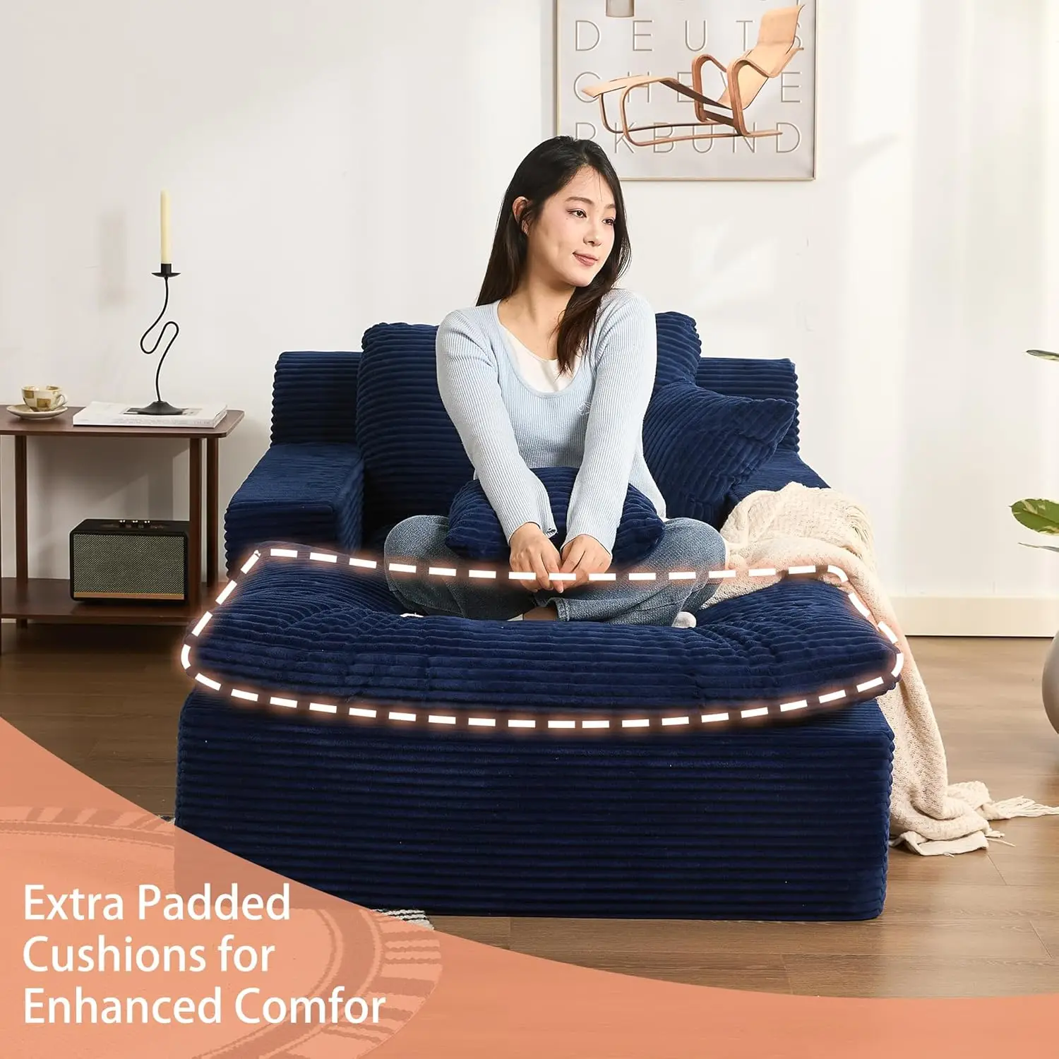 كرسي استرخاء بونيل كبير الحجم مقاس 63 بوصة، سرير أريكة قابل للتحويل مع وسائد قابلة للإزالة وجيوب جانبية، سروال قصير أزرق، مساند للذراعين