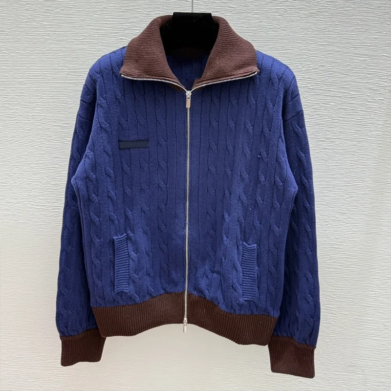 Wysokiej jakości, wielokolorowy, spiralny wzór, patchworkowy kardigan damski z półgolfem i zamkiem błyskawicznym, sweter 25916135