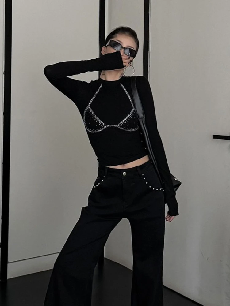 Women T Shirts Vintage Hot Drill Sexy Slim Autumn New Fashion Crop Tops Y2k Grunge Sexy Female Casual Tee Shirt