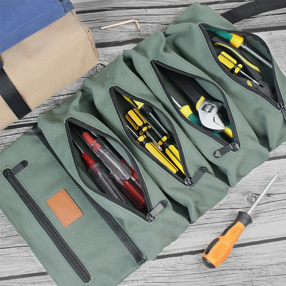 Tool Storage Bag Waterproof Canvas Five Grid Pocket Rollable Hand Bag for Tools Wrench Screwdriver Socket Pliers Organizer Bag