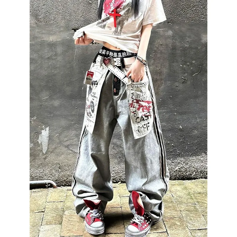 Oversize Jeans Women Reverse Denim Pants Gray Gothic Harajuku Style Baggy Trousers Y2K Streetwear Fashion