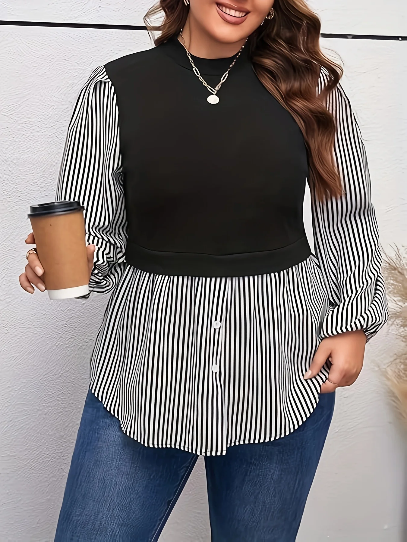 2024 new fashion Plus Size Casual Blouse, Women\'s Plus Colorblock Stripe Print Lantern Sleeve Round Neck Shirt Top