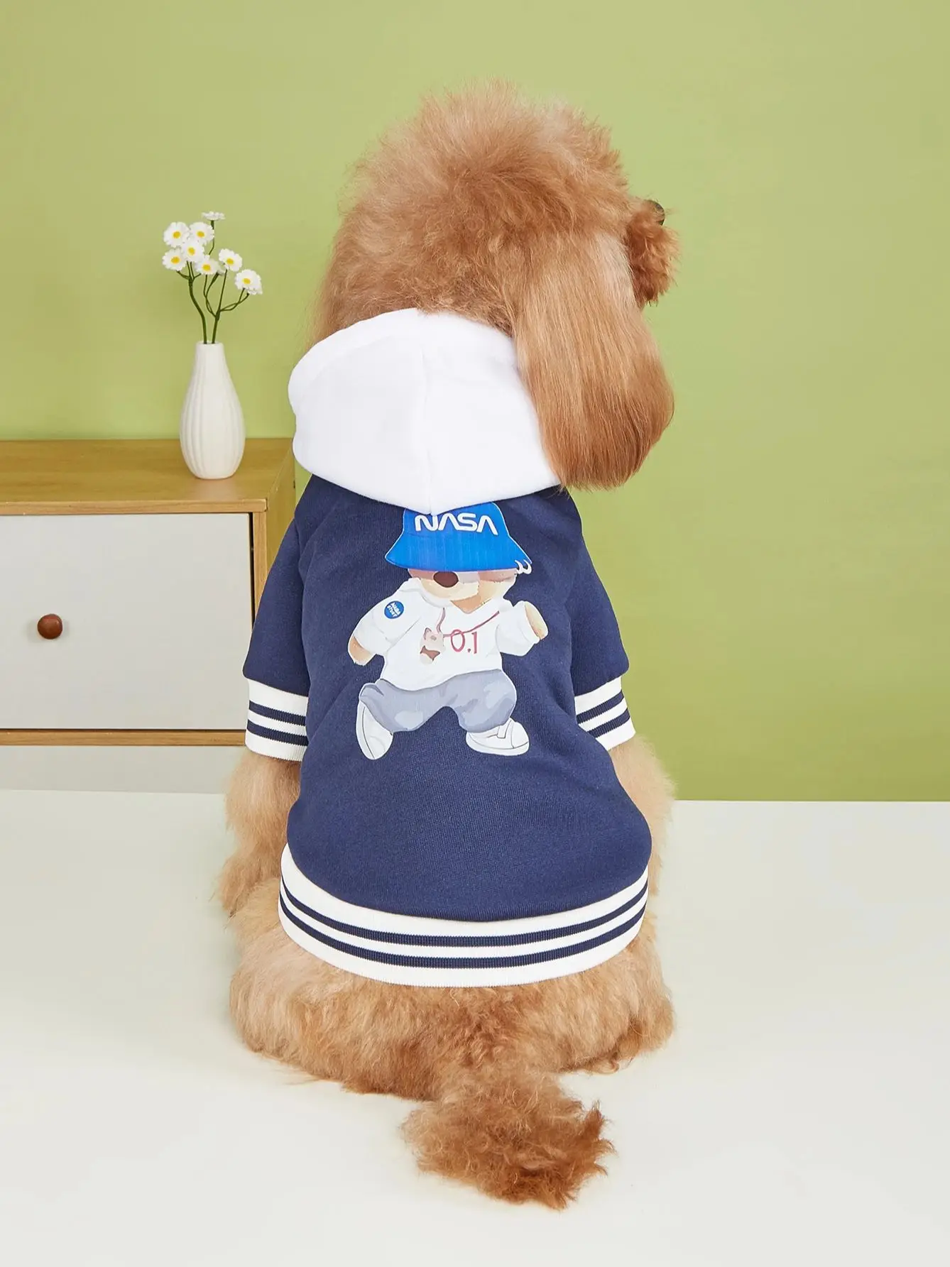 Pet clothes dog dog cat with hat jacket warm and comfortable clothes with running bear pattern white navy blue new piece