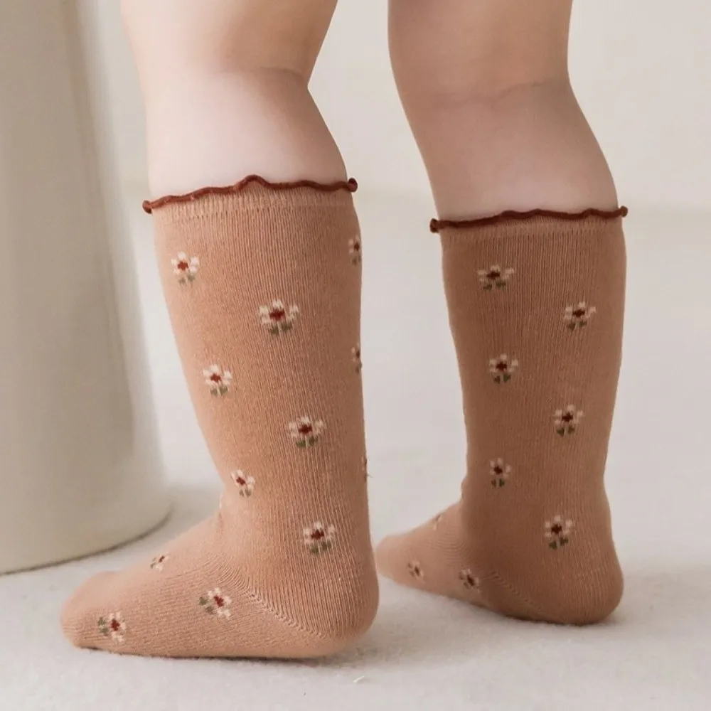 2 Pairs Soft Cotton Fall Socks Ruffle Trim Small Flowers Pattern Girls Mid-calf Socks Breathable Floor Stockings Daily Wear