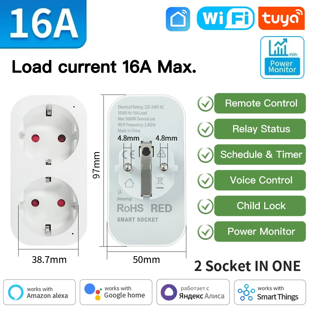 TNCE Tuya wifi/Zigbee Steckdose EU Stecker 16/20A Smart Power Monitor Fernbedienung Smart Leben APP Stimme mit Alexa Google Home Alice