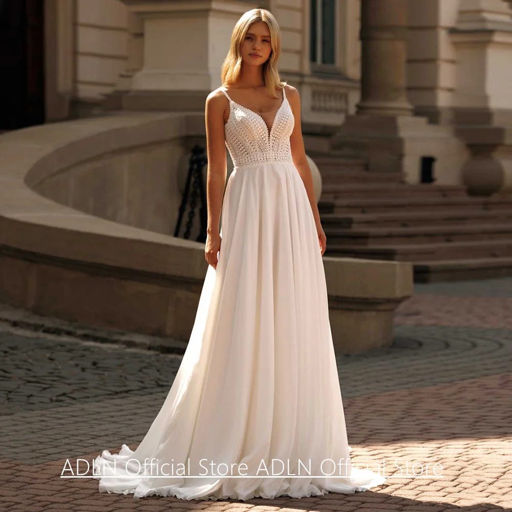 Cheap Ivory Wedding Dresses for Bride Customized Spaghetti Straps V Neck See Through Body Split Chiffon Bridal Gowns