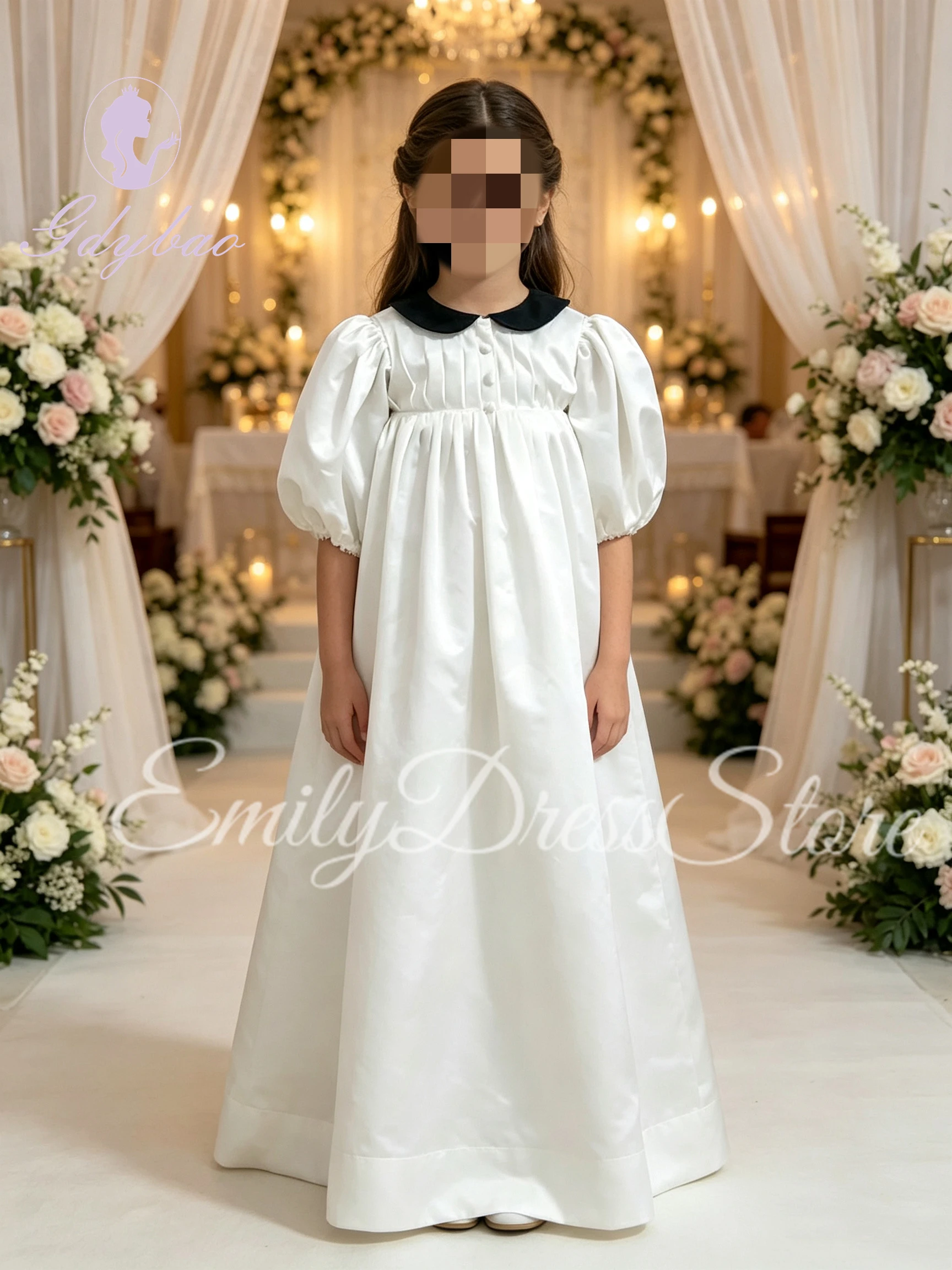 Customized Ivory Flower Girl Dress For Wedding Modest High Waist T Shirt Collar Puffy Satin Kids Birthday First Communion Gowns