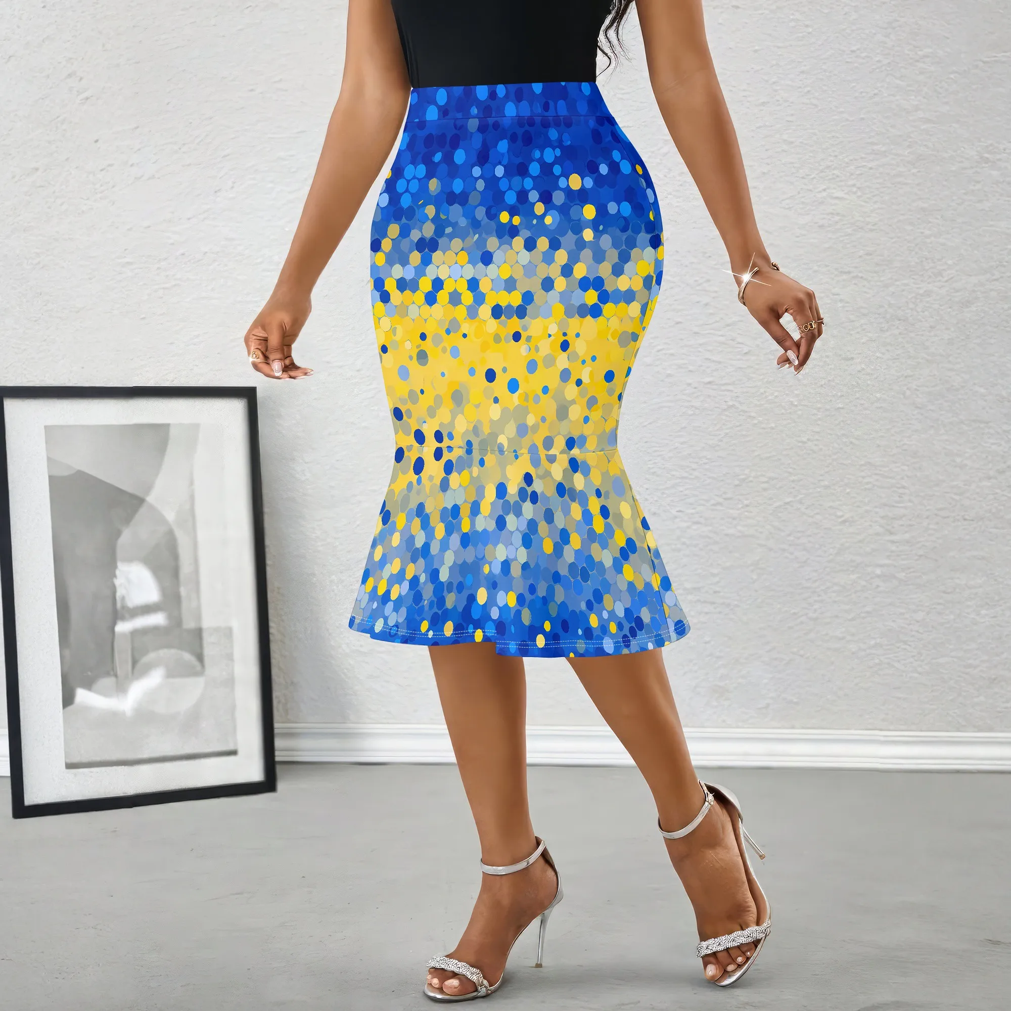 Gradient Dots Mermaid Skirt, Blue Yellow Print Pencil Skirt, High Waist Bodycon Midi Skirt for Party Club Wear, S-2XL