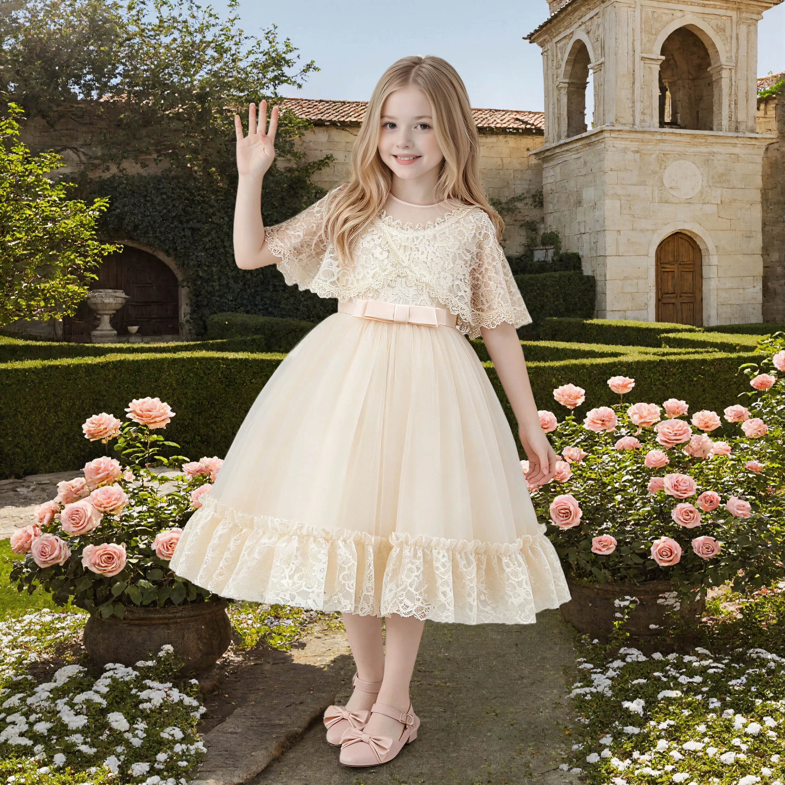 Infantil Renda Vestido de princesa, Malha, Flores, Casamento, Piano Concurso, Performance, Verão, Novo