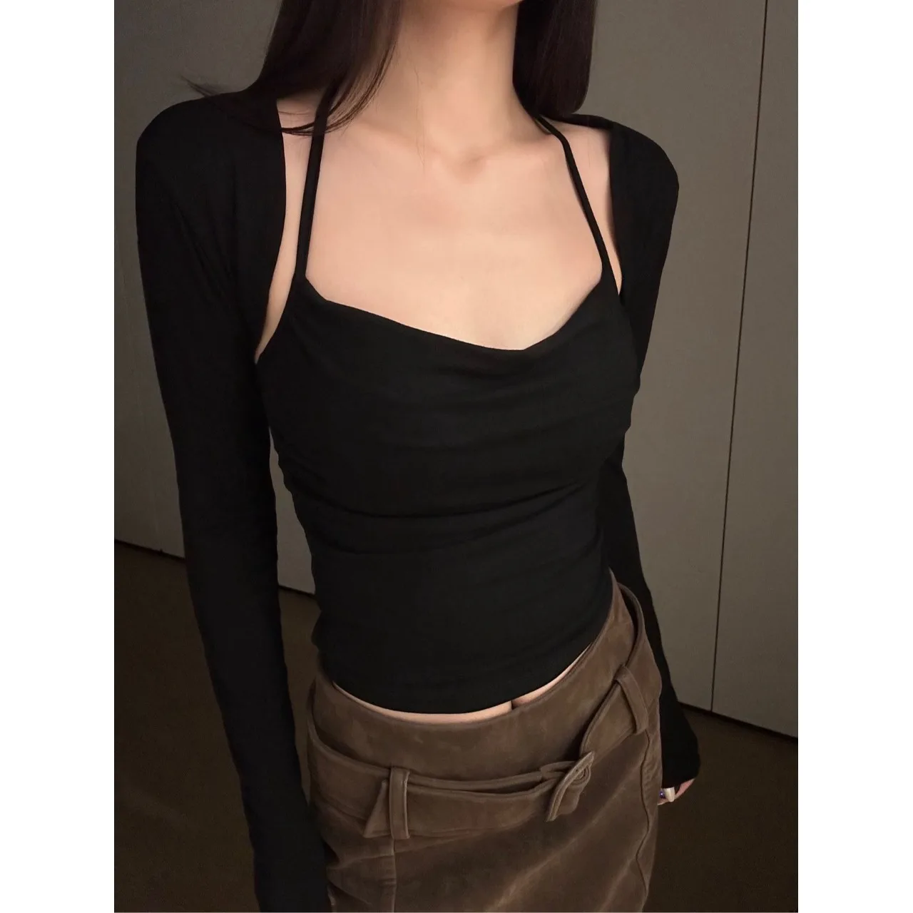 Sexy Two-Piece Set Neck Hanging Belt Fixed Chest Pad Elegantly Outfit Inner Match Hot Girl Shoulder Pad Vest Casual Wear