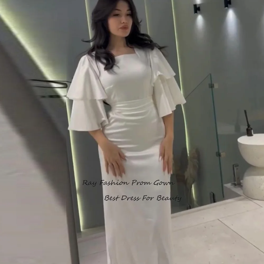 Ray Fashion Simple Mermaid Evening Dress Square Neck Short Tiered Sleeves For Women Formal Occasion Saudi Arabia فساتين سهرة