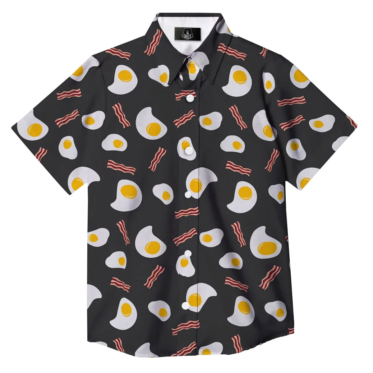 

Hawaiian Shirts for Men Fried eggs and Bacon Print Black Shirts Beach Short Sleeve Summer Casual Button Up Shirts