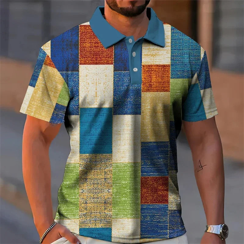 Vintage Graphic Polo Shirt For Men Splicing Colorful Grid 3D Printed Shirts Summer Oversize Short Sleeve Tees Lapel Top T-Shirts