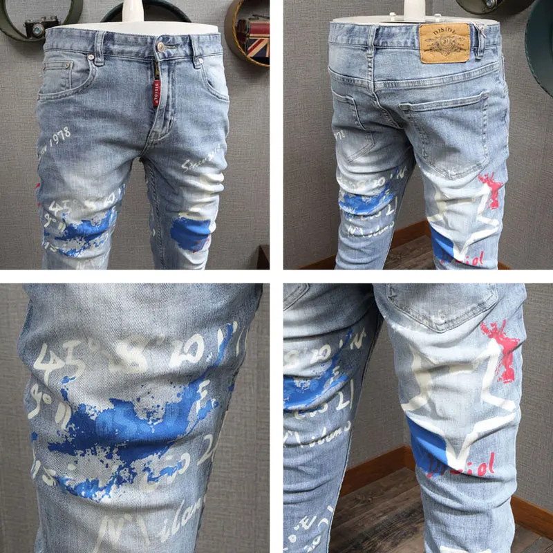 

Italian new letter printed men's jeans with retro elastic slim fit, light blue jeans with trendy patchwork pants, hombre