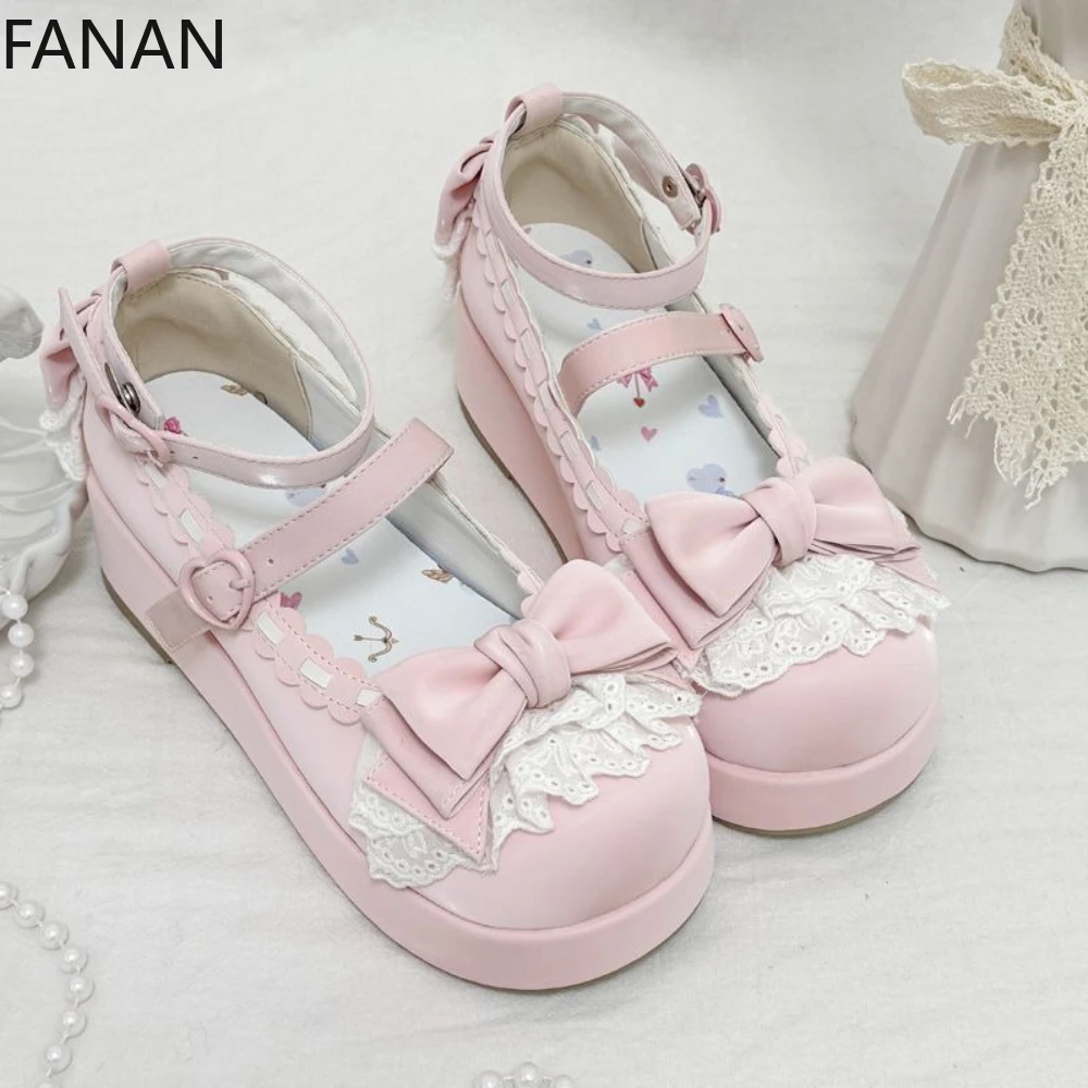

Lolita Women's Shoes Kawaii Mid Heels Pumps Original Platform Lace Bow Round Head Princess Pink Shoes Summer Popular Flats