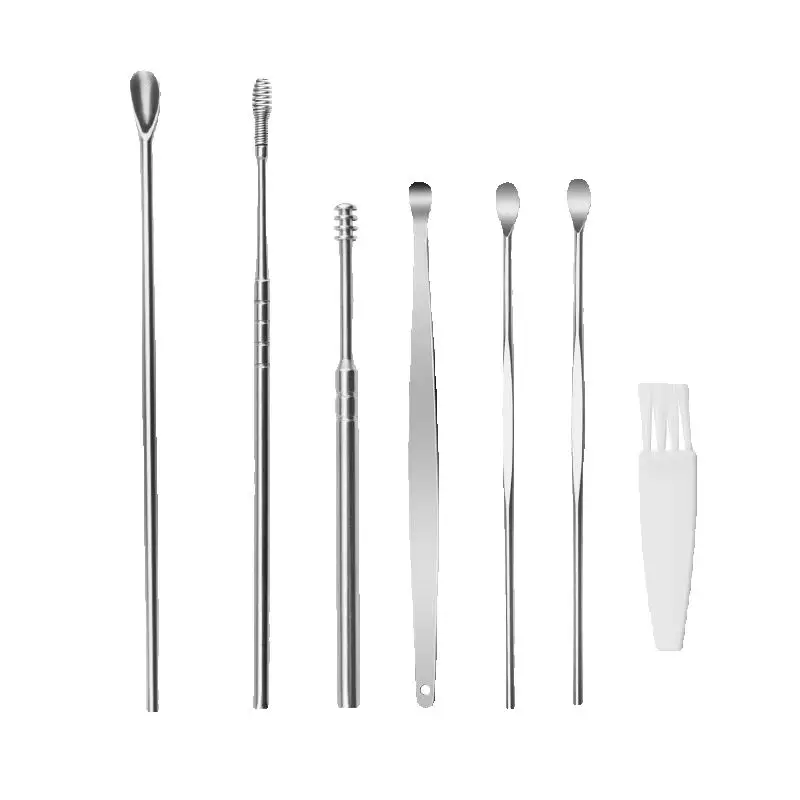 7PCS Stainless Steel Ear Cleaning Tool Kit Double Ended Ear Pick with Brush Storage Box for Adults and Kids Silver