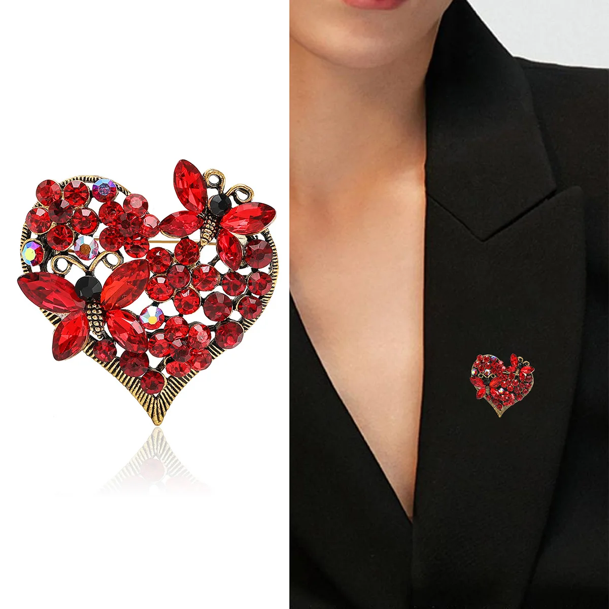 Luxury Exquisite Crystal Love Heart Butterfly Brooches For Women Rhinestone Flower Party Office Brooch Pins Lovers Jewelry Gifts