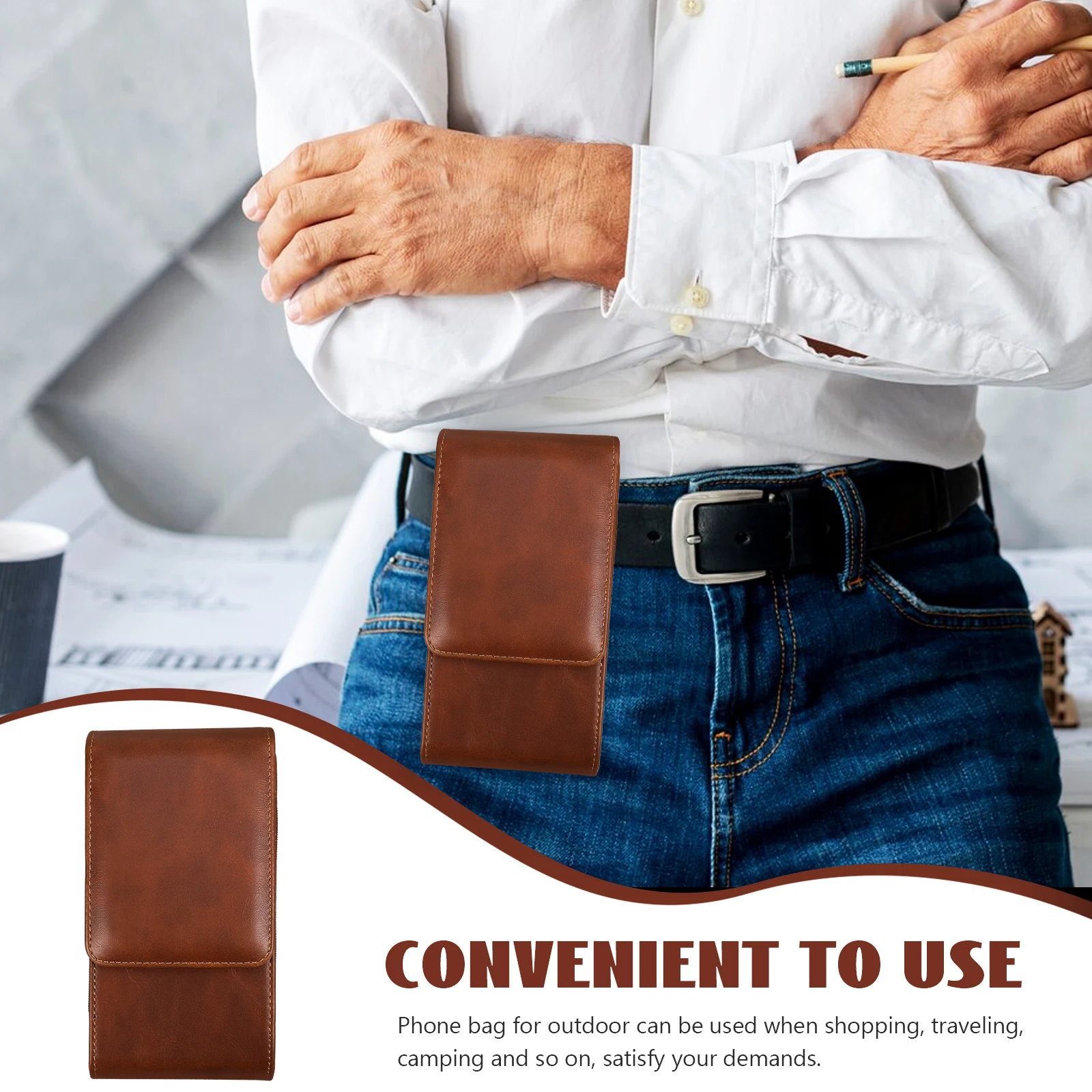 

Double Layer Double-layer Mobile Phone Bag Woman Pouch for Men Pu Cell Belt Holder