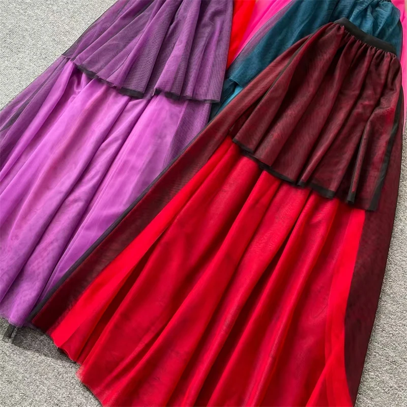 Women Gothic Black Red Irregular High Low Tulle Skirt Layered Flowy Long Train Mesh Maxi Skirt Darkwear Party Club Skirt view 3