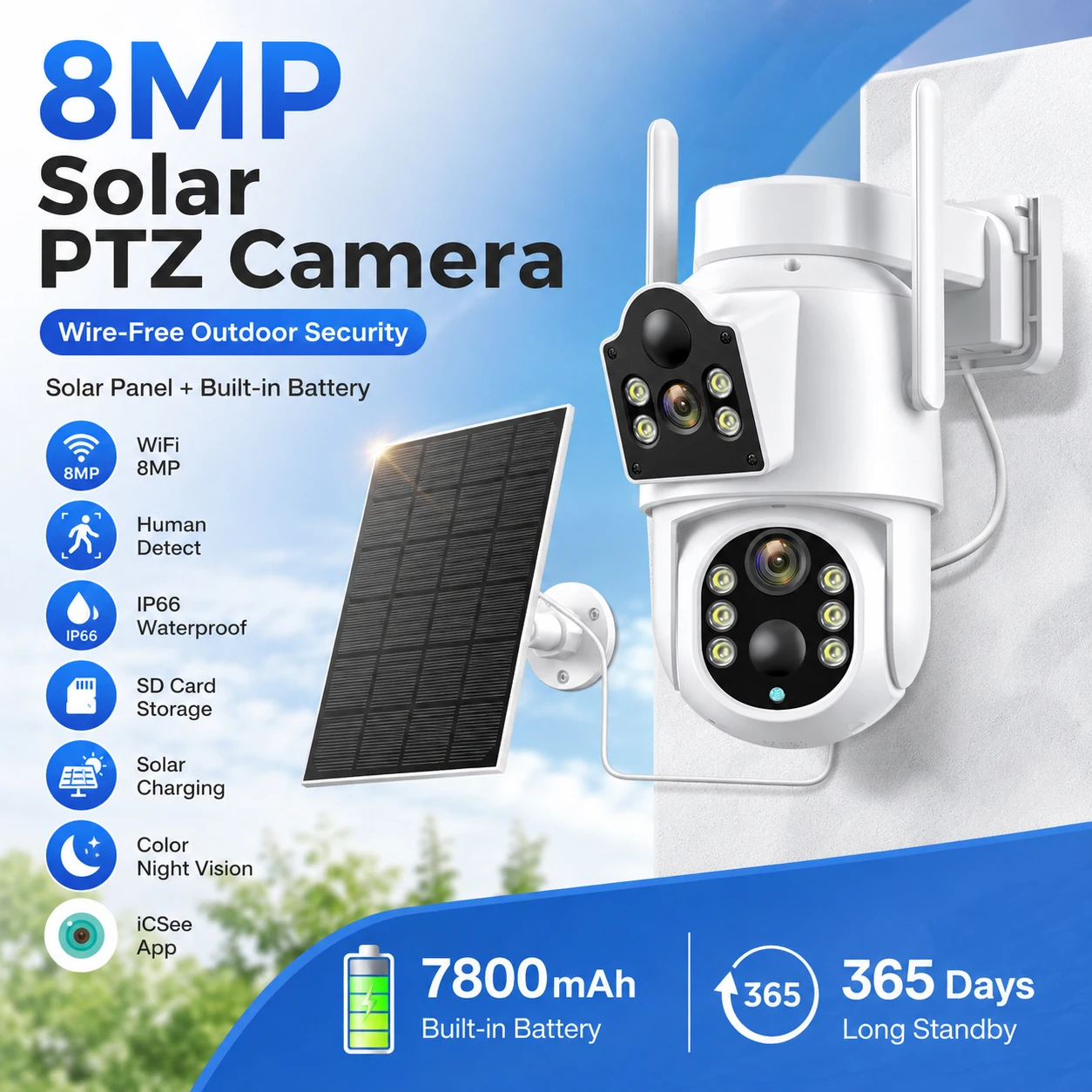 4K Solar Wirelesss Camera 8MP Outdoor 4MP Dual Lens WiFi IP Camara Security CCTV Camera With 7800mAh Battery Solar Panel HD Home