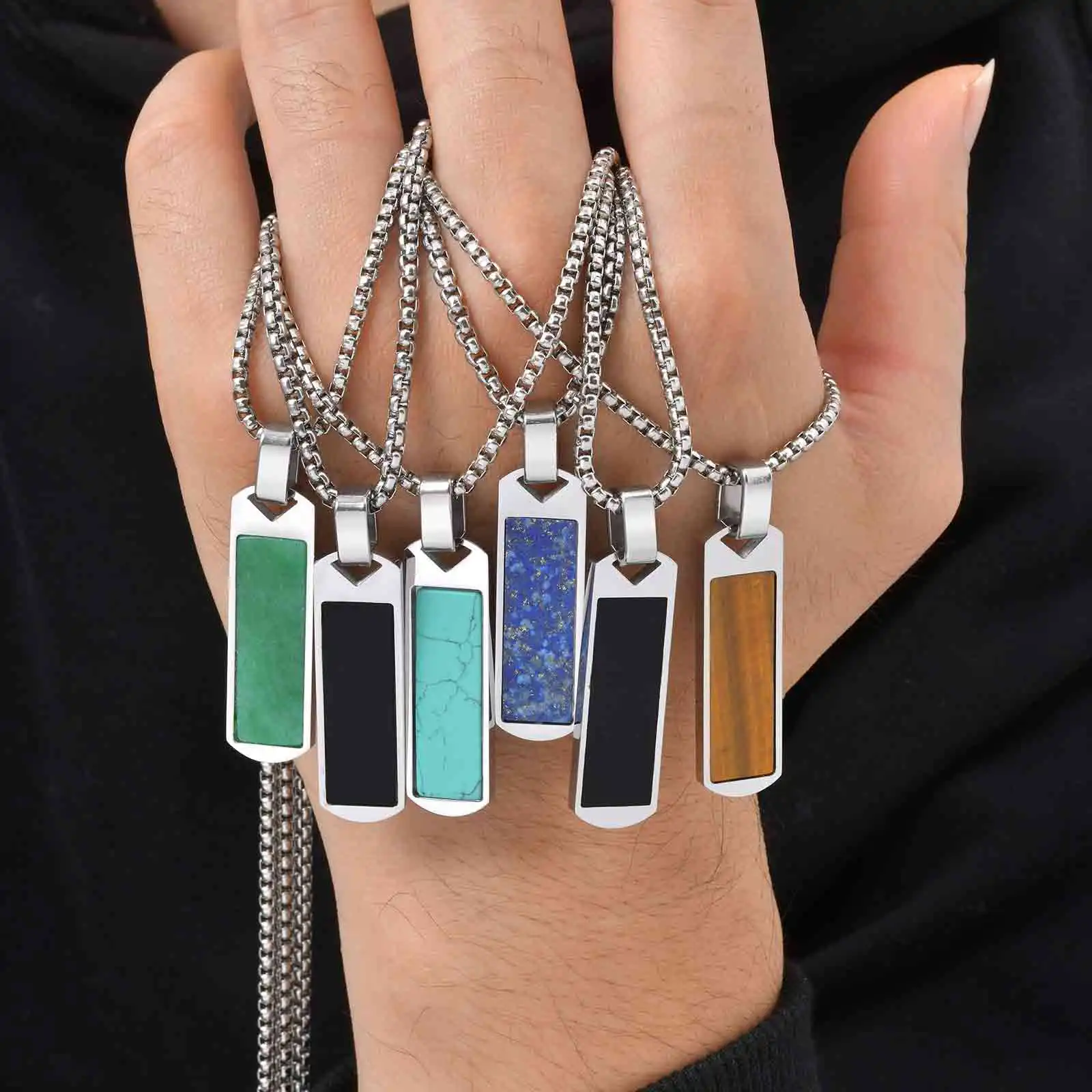 Natural Stone Healing Necklaces for Men,Stainless Steel Rectangular Pendant Necklace,Trendy Hip Hop Birthday Jewelry Gift