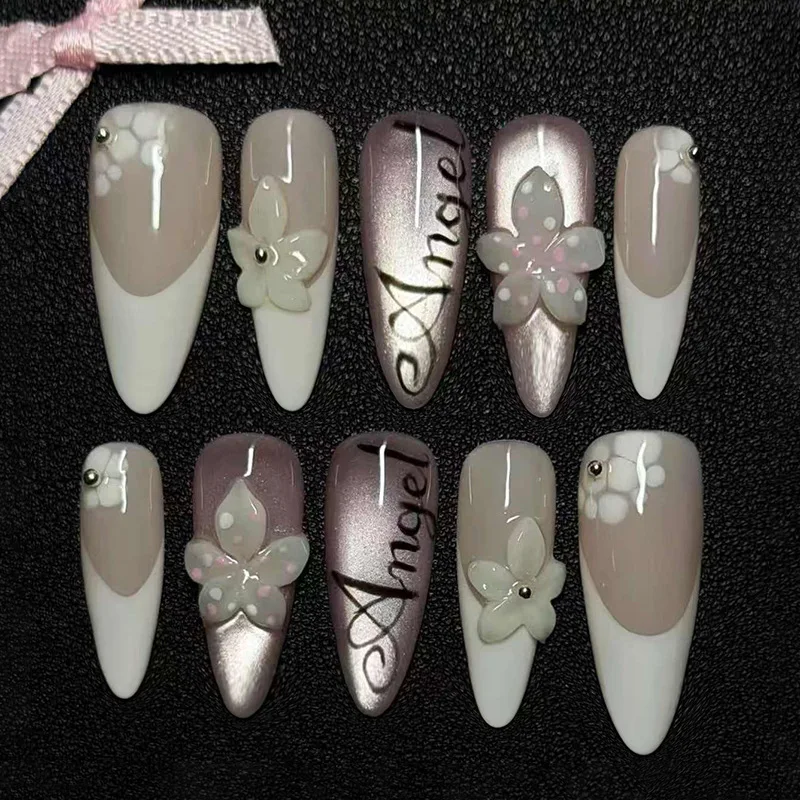 30 Uñas Postizas Francesas con Forma de Almendra, Diseño de Flores de Resina, Letras de Ángel, Uñas a Presión, Puntas de Uñas con Cobertura Completa, Efecto Espejo Plateado, para Mujer