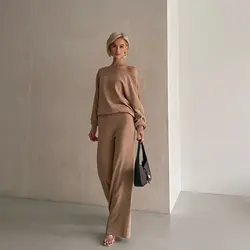 Two Piece Pant Sets Women Knit Skew Collar Sweaters Thick Pullovers Elastic Waist Long Pants Splice Solid Casual Regular