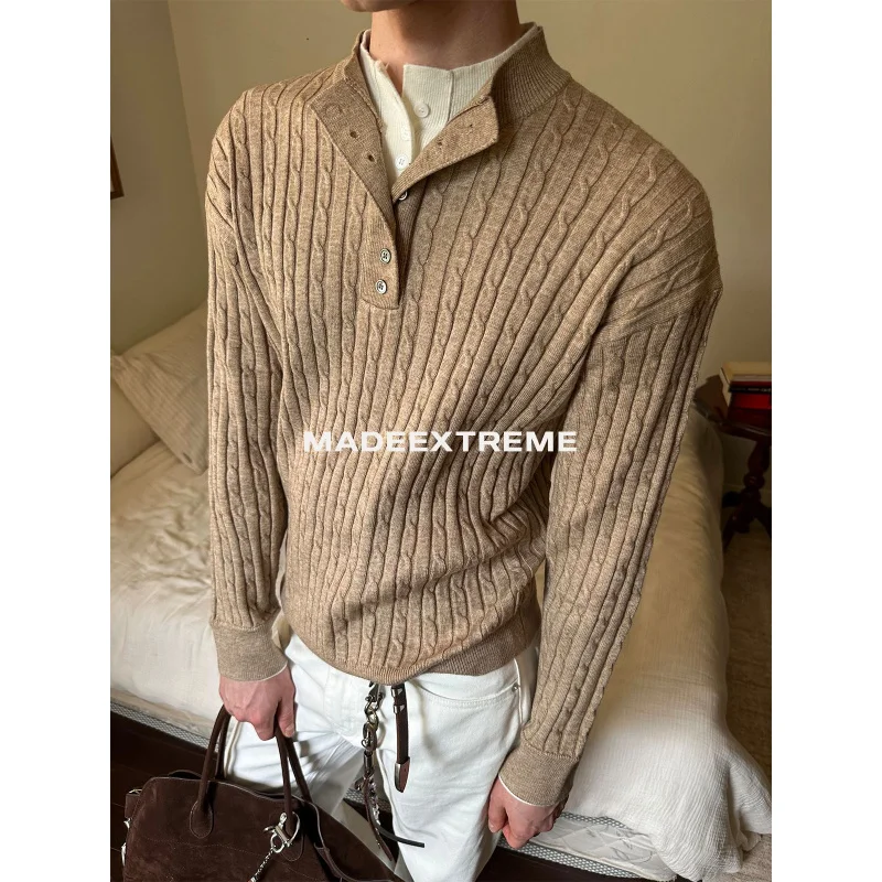 

[EME] Осень-зима свободный двухслойный двухслойный вязаный свитер с воротником на пуговицах для мужчин и женщин