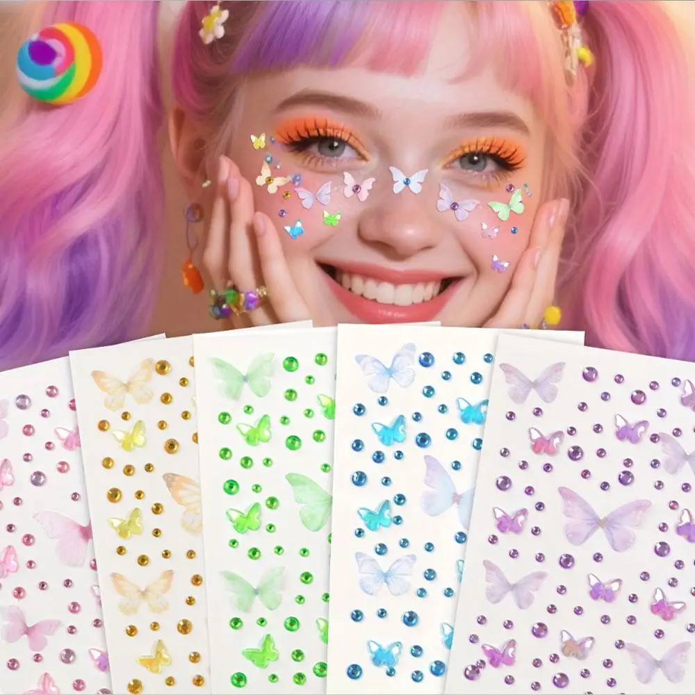 1Sheet Butterfly Rhinestone Face Stickers Sparkling Drill Decorative for Jewel Face Gem Fake Piercing Makeup Halloween Festival