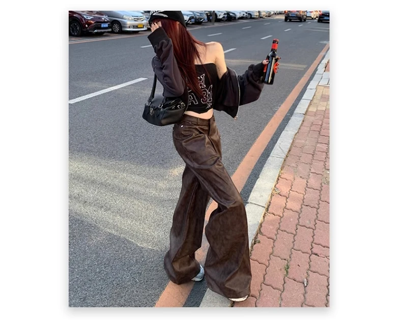 Lautaro Spring Long Loose Casual Soft Distressed Brown Pu Leather Wide Leg Pants for Women High Waist Korean Style Fashion 2024