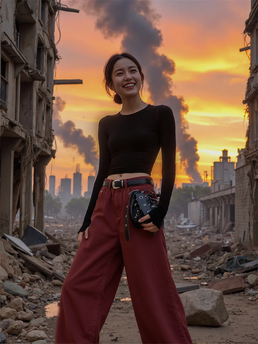 

Floor Wide Leg Red Loose Jeans Womens Embroidered Applique Flower Print Pearl Bead Artistic Trendy Modern Vintage Classic Chic