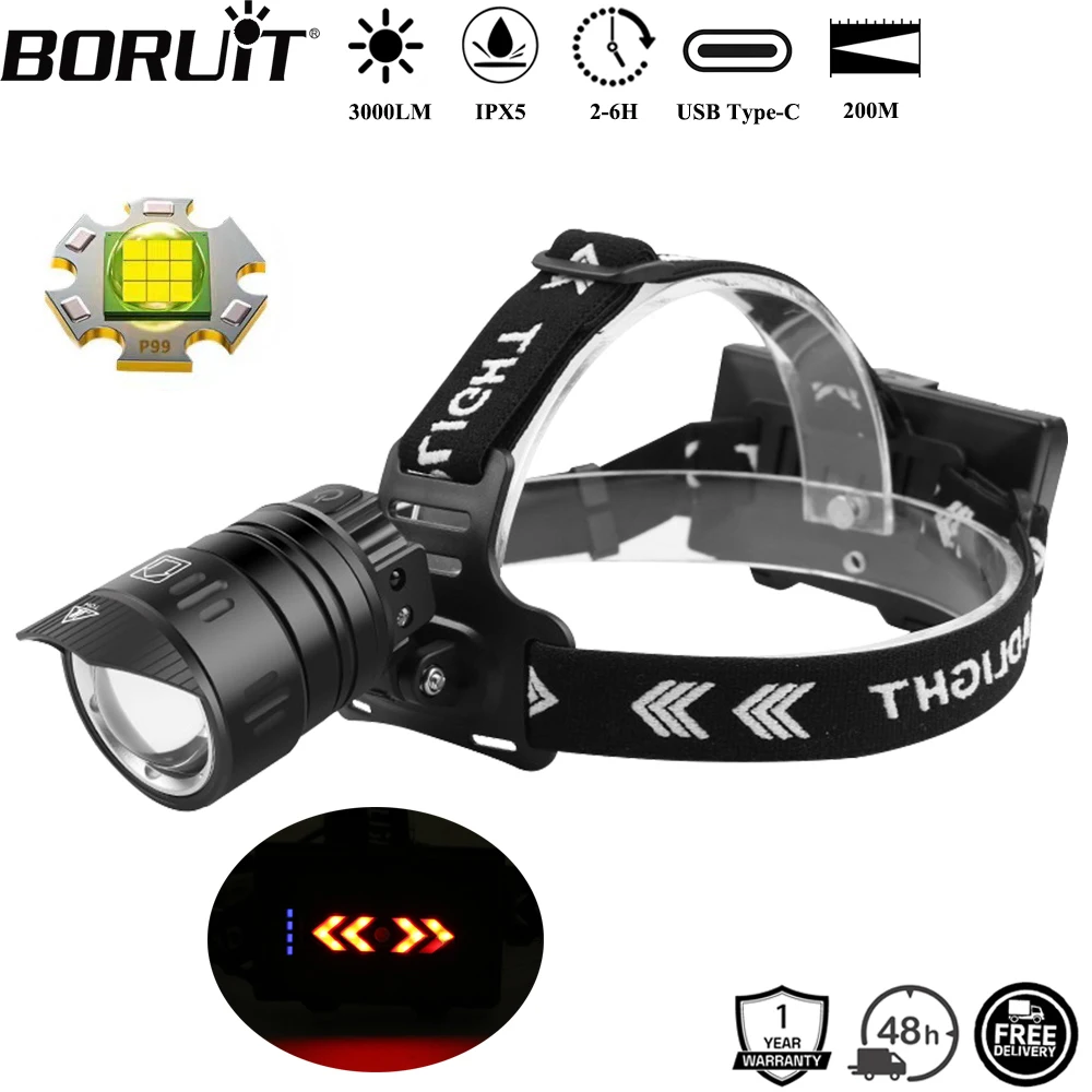 

BORUiT 3000LM XHP99 Светодиодный налобный фонарь с датчиком движения ZoomableType-C Перезаряжаемый аккумулятор Power Bank Фара Водонепроницаемый налобный фонарь для кемпинга