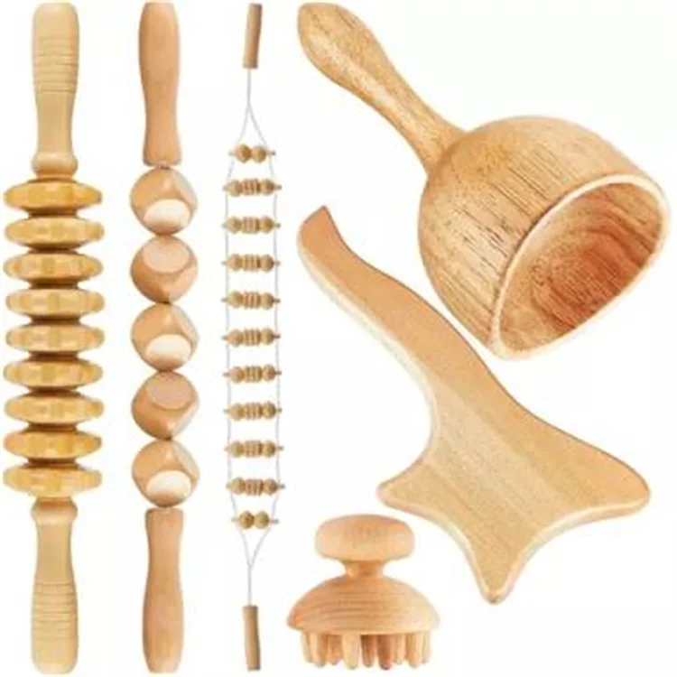 

6 Pieces Wood Therapy Kit Wood Massager Roller Gua Sha Roller for Muscle Pain Relief Body Sculpting Tools