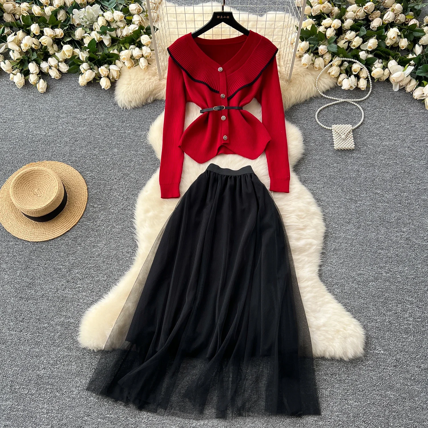 Chic Casual Twp-piece Sets Ruffle Button Knit Shirt Vintage Basics Mesh High Waist Ball Gown Skirt Autumn Winter Women Clothing