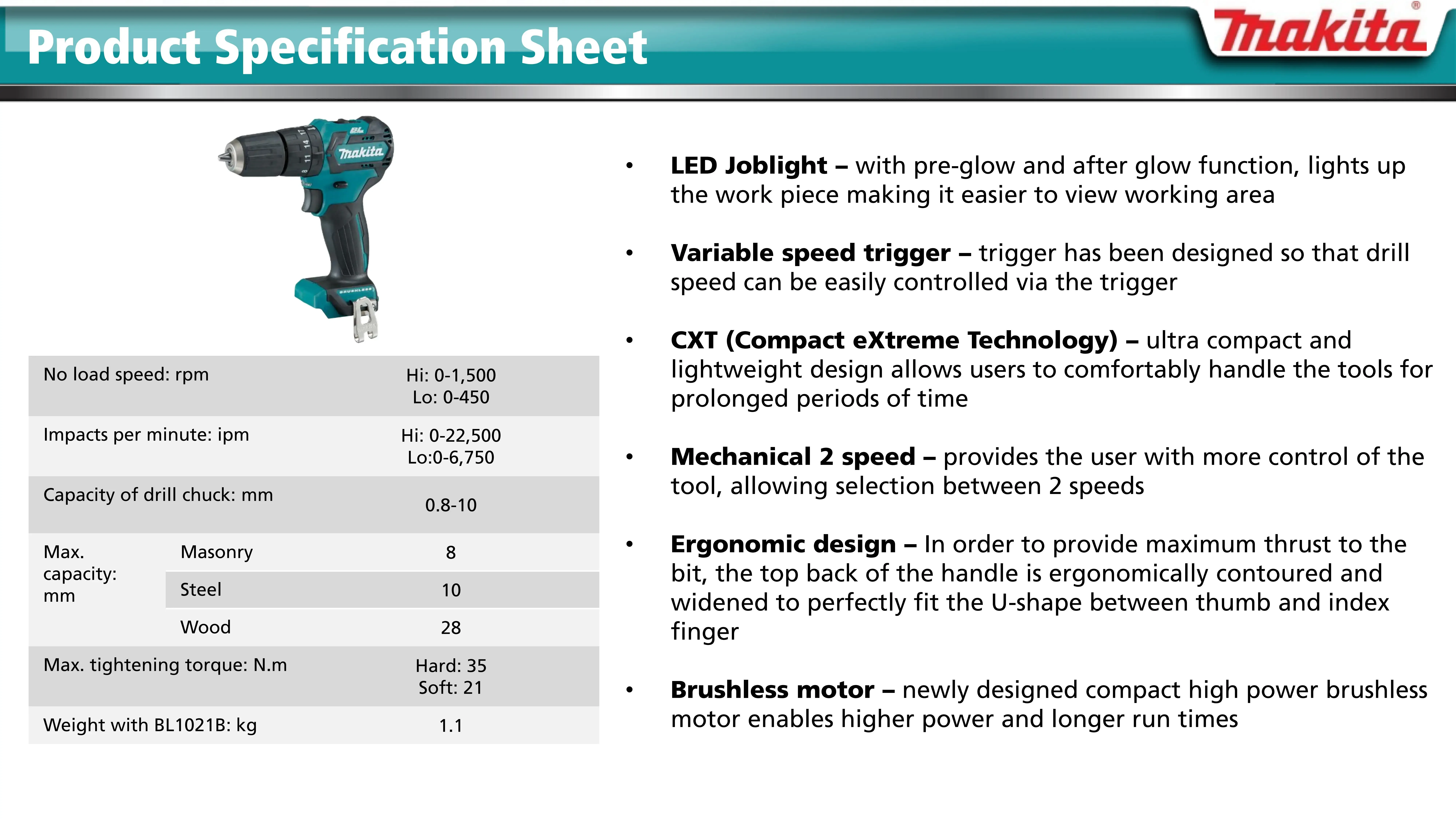 Makita HP332DZ Brushless Cordless Hammer Drill Driver CXT 12V Lithium Power Tools 1500RPM 22500IPM 24NM